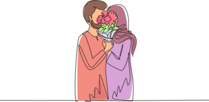 Continuous one line drawing young Arabic couple hugging and kissing behind bouquet of flowers. Happy man and woman celebrating wedding anniversary. Single line draw design graphic illustration png