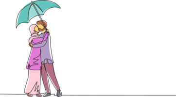 une seule ligne continue dessinant une femme et un homme arabes sous un parapluie sous la pluie et s'embrassent. jeune couple amoureux s'embrassant. heureux garçon et fille datant le jour de la pluie. conception graphique à une ligne png