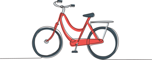 Single one line drawing side view vintage retro urban city bicycle, ecological sport transport. Relaxing bike for community. Healthy lifestyle by cycling. Continuous line draw design graphic png