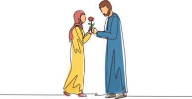 Single continuous line drawing adorable happy Arab couple in love on romantic date. Cute smiling boy giving rose flower to girl. Young man and woman met for dating. One line draw graphic design png