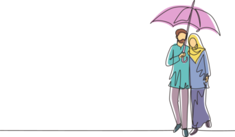 Single continuous line drawing Arabian couple man woman, girl and boy walking holding umbrella under rain smiling hugging. Romantic couple at rainy autumn weather. One line draw graphic design png