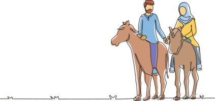 Célibataire un ligne dessin arabe couple équitation les chevaux main dans main à le coucher du soleil. homme fabrication proposition mariage à femme. engagement et l'amour relation. continu ligne dessiner conception graphique illustration png