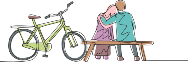 Continuous one line drawing back view romantic Arabian couple chatting while sitting and hugging on bench. Happy cute man woman riding an electric bike. Single line design graphic illustration png