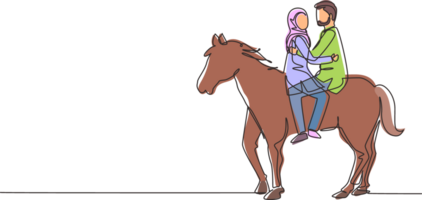 continu un ligne dessin de romantique arabe couple dans l'amour équitation cheval. content couple avoir prêt pour mariage. engagement et l'amour relation. Célibataire ligne dessiner conception graphique illustration png