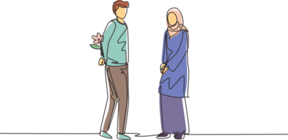 une seule ligne continue dessinant un homme arabe tenant des fleurs derrière son dos et debout devant une femme. garçon heureux donnant une fleur rose à une fille. jeune homme et femme se sont rencontrés pour sortir ensemble. graphique de dessin d'une ligne png