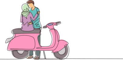 single een lijn tekening terug visie Arabisch paar Aan datum buitenshuis, vriendin en vriendje met motorfiets, verliefd relatie. romantisch weg reis. doorlopend lijn ontwerp grafisch illustratie png