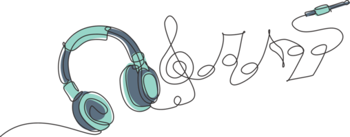 Célibataire continu ligne dessin écouteurs. la musique gadget et note. l'audio casque de musique contour esquisser. lineart concept de musical symbole. dynamique un ligne dessiner graphique conception illustration png