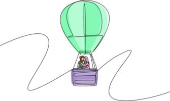 Célibataire continu ligne dessin illustration de l'amour embrasser arabe couple dans air chaud ballon dans ciel et des nuages, amoureux relation. romantique route voyage, voyage. un ligne dessiner graphique conception png