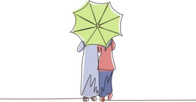 Célibataire un ligne dessin retour vue Jeune arabe couple homme femme, fille et garçon en marchant en portant parapluie en dessous de pluie. romantique couple à pluvieux l'automne temps. continu ligne dessiner conception graphique png