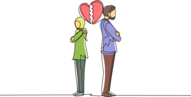 Single continuous line drawing divorced Arabian couple or couples are angry. Relationship break up, broken heart, couple facing opposite direction. One line draw graphic design illustration png