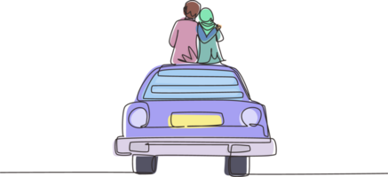 solteiro 1 linha desenhando costas Visão amoroso árabe casal sentado em a vintage carro. feliz casal obtendo pronto para casamento. noivado e amor relações. contínuo linha desenhar Projeto gráfico png