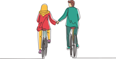 Continuous one line drawing happy Arabian couple ride bicycles in meadow back to camera and holding hands. Man and woman in love. Happy romantic married couple. Single line draw design graphic png