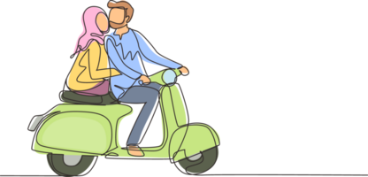 continuo uno linea disegno arabo coppia con scooter Vintage ▾, pre-matrimonio concetto. uomo e donna con motociclo, amoroso relazione. romantico strada viaggio, viaggio. singolo linea disegnare design png