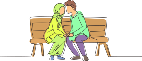 Continuous one line drawing kissing Arabian couple. Young man and woman face to face sitting on park bench and funny kissing. Romantic couple dating in spring. Single line draw design graphic png