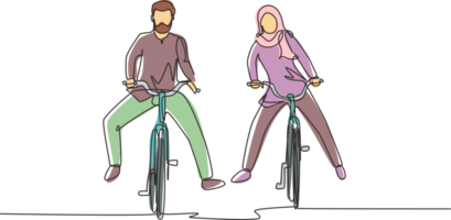 kontinuerlig ett linje teckning rolig ung arab par ridning på cykel. romantisk Tonårs par rida cykel. ung man och kvinna i kärlek. Lycklig gift par. enda linje dra design grafisk png