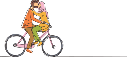 Single one line drawing active Arabian couple riding on bike together. Happy enamored man and woman cyclist hugging feeling love. Smiling people enjoying outdoors activity. Continuous line draw design png