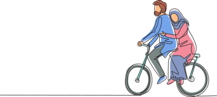 soltero continuo línea dibujo romántico árabe Pareja teniendo divertido en fecha montando bicicleta. espalda ver de romántico Adolescente Pareja paseo bicicleta. joven hombre y mujer en amor. uno línea dibujar gráfico diseño png