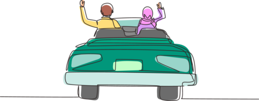 Single continuous line drawing back view Arabian happy free couple driving in cabriolet car in city cheering joyful with arms raised. Couple summer vacation travel. One line draw graphic design png