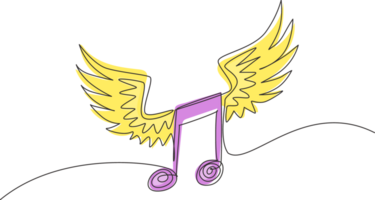 Single continuous line drawing musical notation with wings. Music symbol. Classic melody sign in flat design. Chords icon silhouette. Key note for piano and guitar. One line draw graphic design png