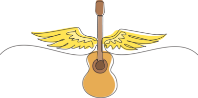 Continuous one line drawing musical emblem with wings, fire and caption guitar music. Musical instrument. Rock concert. Acoustic guitar with wings. Single line draw design graphic illustration png