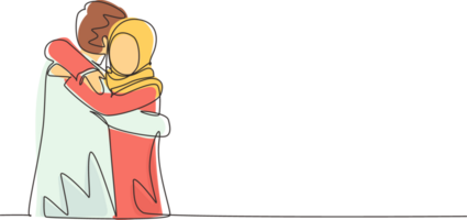 solteiro 1 linha desenhando árabe menina é abraçando Garoto com sorriso. feliz homem abraçando e abraçando mulher. casal namoro personagens. feliz família conceito. moderno contínuo linha desenhar Projeto gráfico png