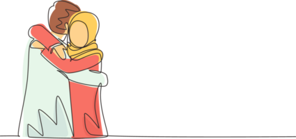 Single one line drawing Arabian girl is hugging boy with smile. Happy man hugging and embracing woman. Couple dating characters. Happy family concept. Modern continuous line draw design graphic png