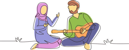 soltero continuo línea dibujo árabe Pareja de amantes tiene picnic en naturaleza. romántico hombre jugando música en guitarra, niña escucha y canto juntos. uno línea dibujar gráfico diseño ilustración png