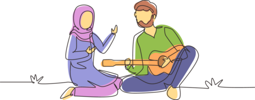 Célibataire continu ligne dessin arabe couple de les amoureux a pique-nique sur la nature. romantique homme en jouant la musique sur guitare, fille Ecoutez et en chantant ensemble. un ligne dessiner graphique conception illustration png