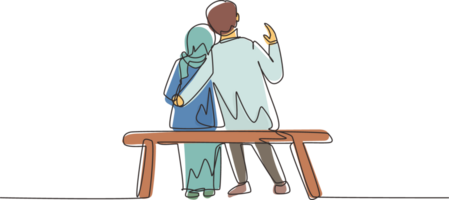 continu un ligne dessin embrassement arabe couple séance sur banc. content famille concept. couple dans relation dans l'amour. content homme étreindre le sien partenaire femme. Célibataire ligne dessiner conception graphique png