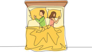 continuo uno linea disegno uomo e donna addormentato su letto. coppia dire bugie schiene per ogni altro durante notte riposo. romantico coppia riposo a notte. singolo linea disegnare design grafico illustrazione png