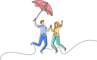 continu un ligne dessin couple dans l'amour en marchant en dessous de pluie avec parapluie. homme et femme en marchant le long de ville rue et sauter. marié couple romantique relation. Célibataire ligne dessiner conception png