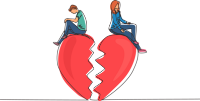 Single continuous line drawing relationship break up, broken heart, couple facing opposite direction. Couple sitting on big broken heart shape. Dynamic one line draw graphic design illustration png