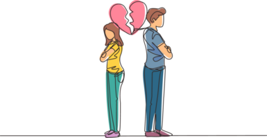 Célibataire continu ligne dessin divorcé couple ou des couples sont en colère. relation Pause en haut, cassé cœur, couple orienté vers contraire direction. dynamique un ligne dessiner graphique conception illustration png