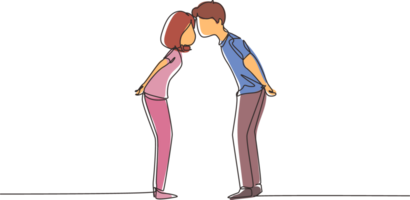 Célibataire continu ligne dessin garçon et fille dans l'amour et embrasser. Jeune couple les amoureux embrasser. content homme et femme célébrer mariage anniversaire. un ligne dessiner graphique conception illustration png