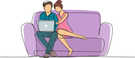 Single one line drawing cozy living room. Young couple gently cuddle on couch and watch movie on their laptop. Happy family life with interior. Continuous line draw design graphic illustration png