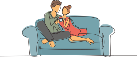 Single one line drawing happy couple sitting on the sofa, talking and drinking coffee. Man and woman have relaxing day off at living room. Romance and love concept. Continuous line draw design png