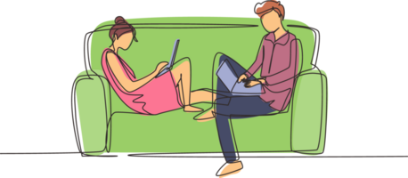 Single continuous line drawing young couple using laptop on sofa and obsessed with devices gadgets, people internet technology addiction concept. One line draw graphic design illustration png