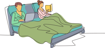 Single continuous line drawing couple spending time in bed with comfortable mattress before falling asleep. Man with laptop, surfing internet. Woman, reading bedside book. One line draw graphic png