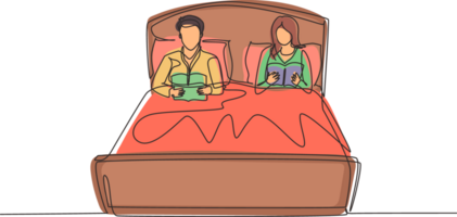 singel en rad ritning gift par innan du går till sängs, läsa böcker. man och kvinna ligger på sängen tillsammans och läser bok. romantiskt par vilar i sovrummet. kontinuerlig linje rita design grafik png