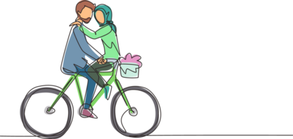 Single einer Linie Zeichnung jung arabisch Mann und Frau Reiten Fahrrad Gesicht zu Gesicht. glücklich romantisch Paar ist Reiten Fahrrad zusammen. glücklich Familie. kontinuierlich Linie zeichnen Design Grafik Illustration png