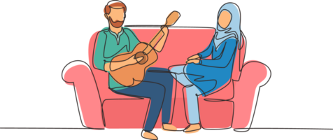 Single continuous line drawing Arabian couple together in love. Boy is playing guitar to his girlfriend in living room on sofa. Girl listen and singing together. One line draw graphic design png