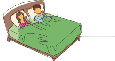 Single one line drawing couple lying in bed and looking at phone playing games on gadgets. Home leisure spare time. People spending free time. Continuous line draw design graphic illustration png