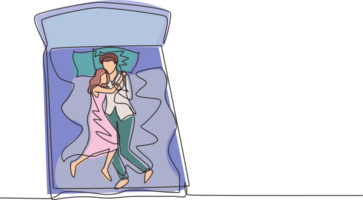 continu un ligne dessin Masculin et femelle couple embrassement affectueusement dans lit, Hommes et femmes en train de dormir sur lit tandis que étreindre avec amour, en train de dormir pose de amoureux. Célibataire ligne dessiner conception graphique png