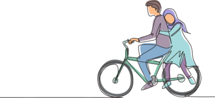 contínuo 1 linha desenhando romântico árabe casal equitação bicicleta junto. feliz romântico família conceito. intimidade comemora Casamento aniversário. solteiro linha desenhar Projeto gráfico ilustração png