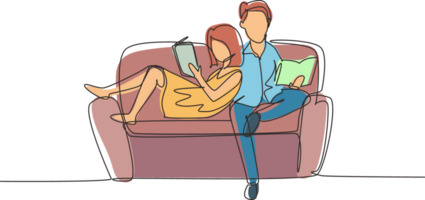 Single continuous line drawing evening rest of couple scene with man and woman on sofa. Relaxing man and woman reading book in lounge room. Dynamic one line draw graphic design illustration png