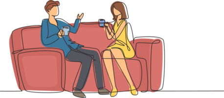 solteiro 1 linha desenhando romântico casal sentado às sofá, falando e bebendo café. homem e mulher vivo juntos dentro apartamento romance e amor conceito. contínuo linha desenhar Projeto gráfico png