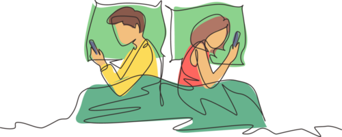 Single continuous line drawing marriage couple lying back to back, using smartphone, social network, smartphone addiction, couple relationship problem with technology. One line graphic design png