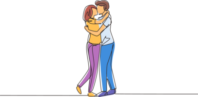 Célibataire un ligne dessin aimant couple embrasser et étreindre. couple les amoureux embrasser et en portant mains. content homme et femme célébrer mariage anniversaire. continu ligne dessiner conception graphique png