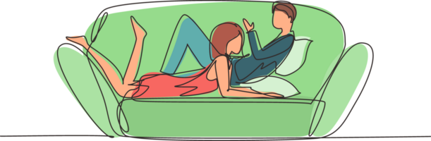 Single continuous line drawing woman and man in love lying on comfortable couch and having talk. Couple on cozy sofa relaxing together at home in evening. Dynamic one line draw graphic design png