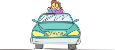 Single one line drawing happy couple on road trip in vintage retro car. Man and woman in vehicle. Married couple romantic relationship. Modern continuous line draw design graphic illustration png